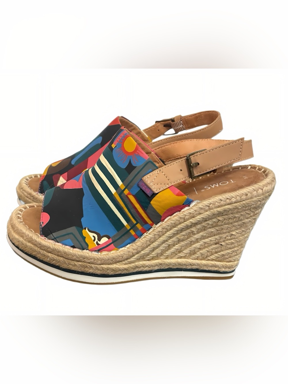 Toms Multicolor Canvas Graphic Espadrille Wedge Sandal NWOT